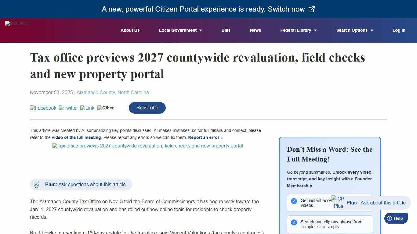 CitizenPortal.ai - Tax office previews 2027 countywide revaluation, field checks and new property portal